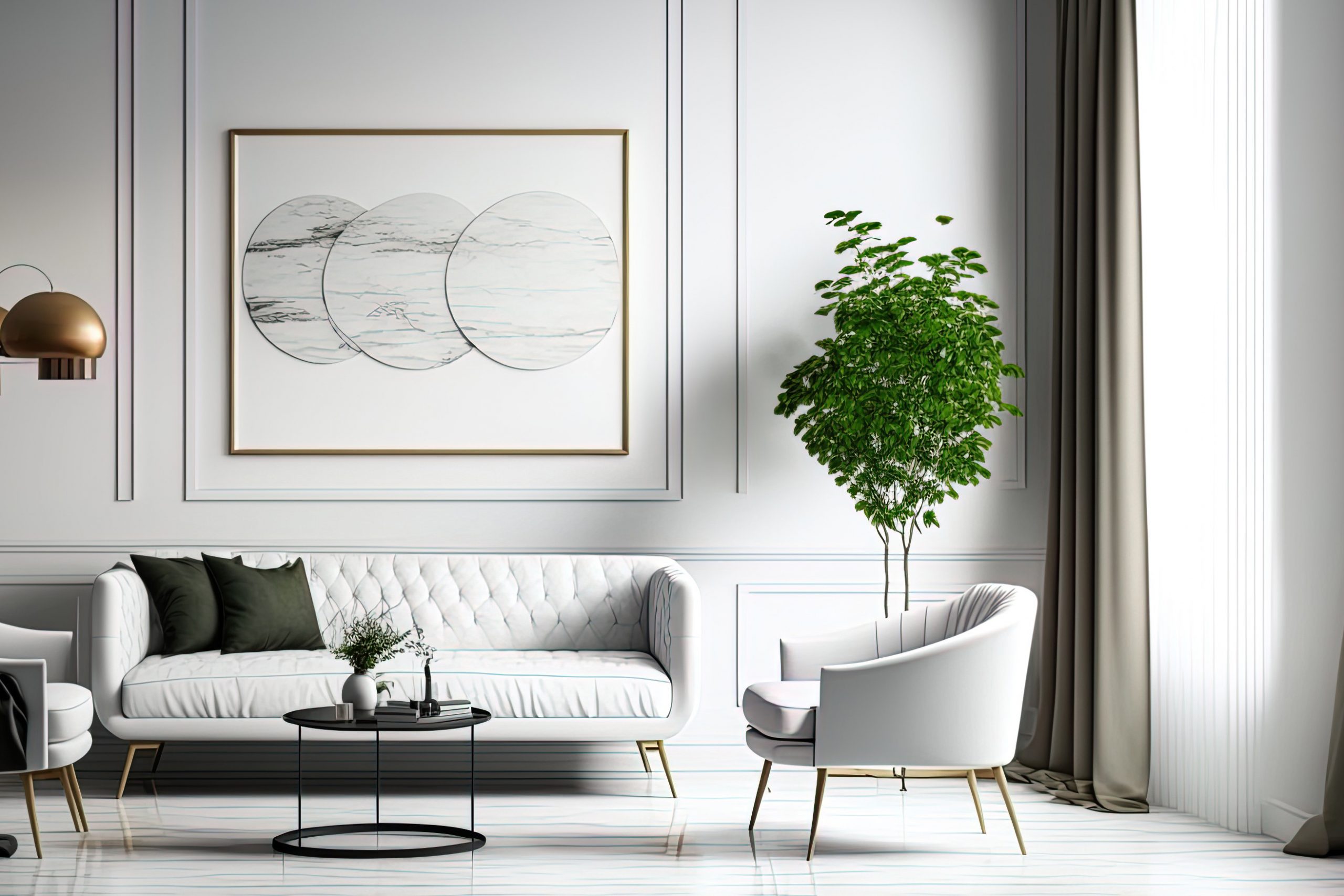 Mock up minimalist living room in white color with sofa and armchair. Scandinavian style,. Generative AI